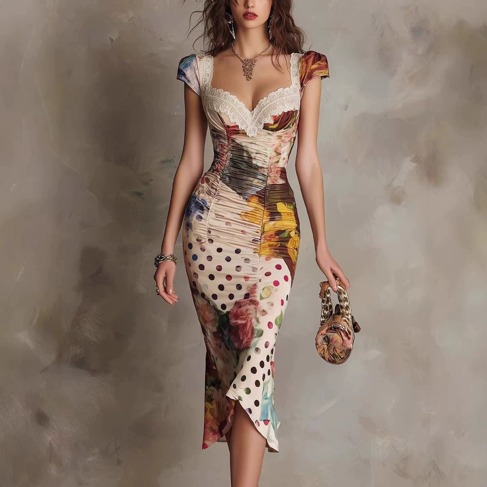 ZARA Vintage Floral Print Bodycon Dress Women Summer Slim Elegant Party Gown